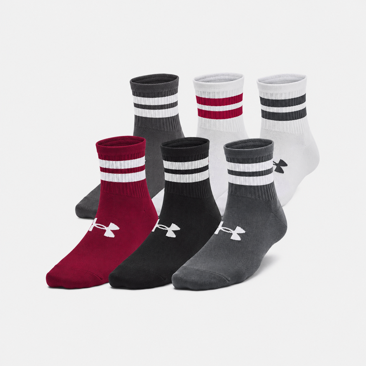UA Essential Kids' 6-Pack Qtr Socks Red/Blk/Wht