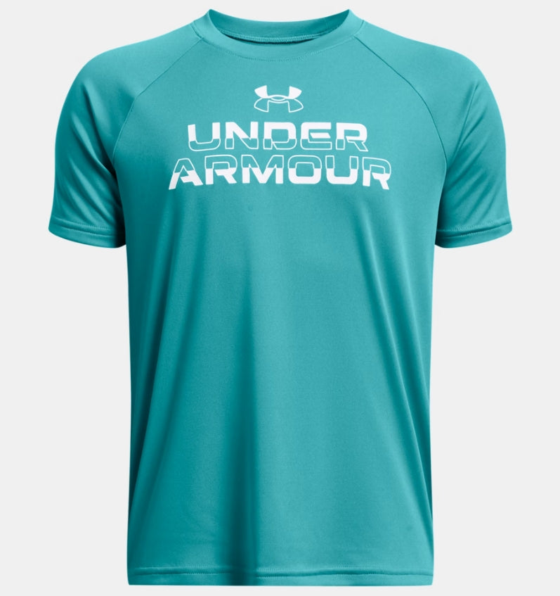 UA Boy's Tech Split Wordmark SS Circuit Teal