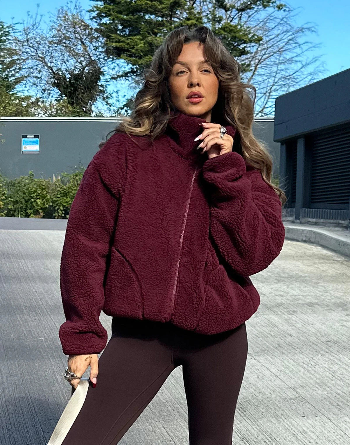 Gym + Coffee Women's Industry Fleece High Collar Jacket in Cherry Crush